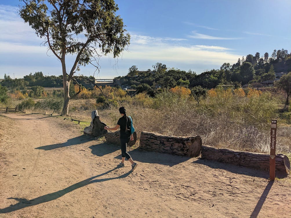 Woman hiking a wide trail at Santiago Oaks Regional Park in Orange County 