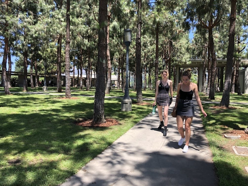 Two hikers wandering in Barnsdall Art Park 