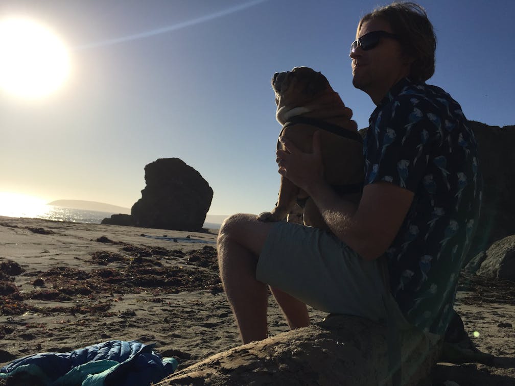 Man sitting on the beach with his dog at Pinnacle Gulch near Bodega 
