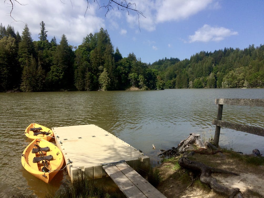 Two kayaks docked at Clar Innis Island Loch Lomond Santa Cruz Mountains