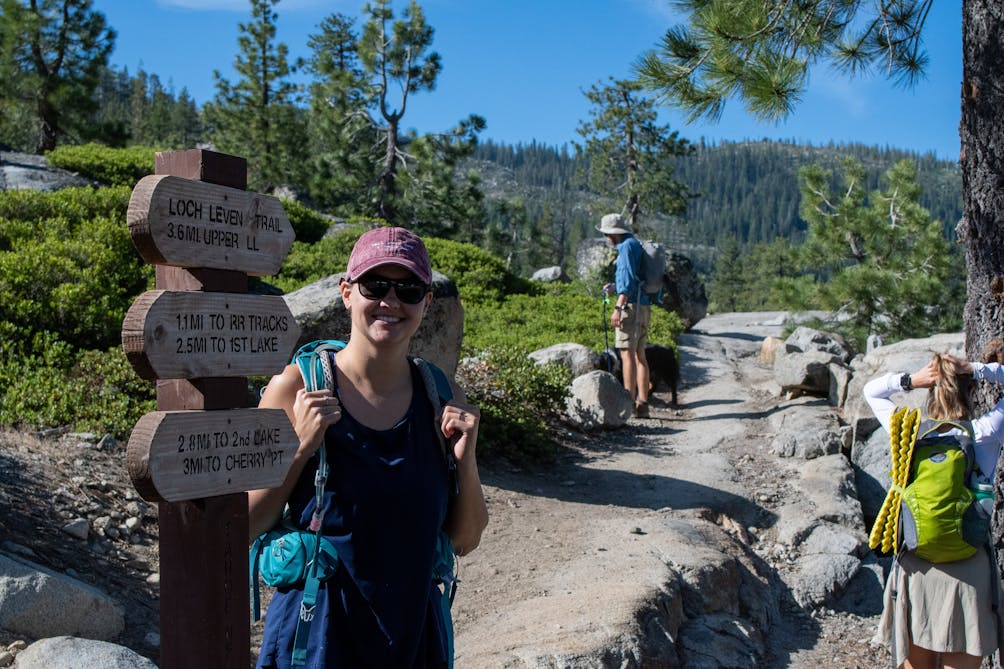 Backpackers on the trail to Loch Leven Lakes in Tahoe National Forest 