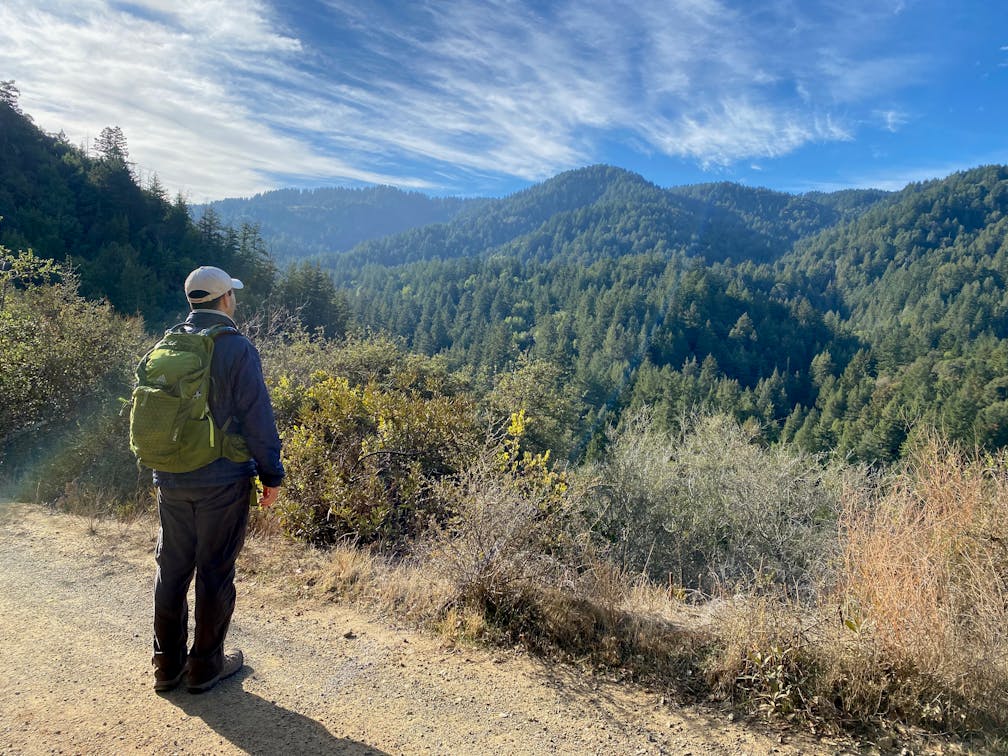 Hiker on the Saratoga to Skyline Trail in the South Bay looking out at rolling hill scenery