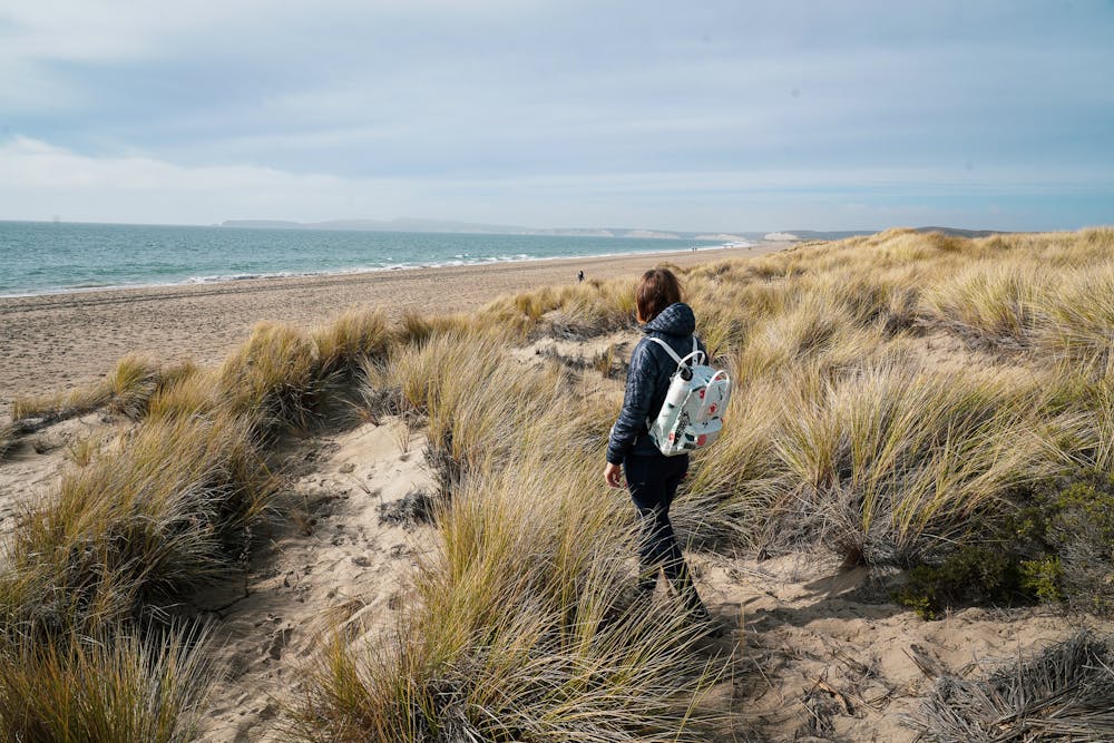Woman walking on Limantour Beach in Point Reyes National Seashore 