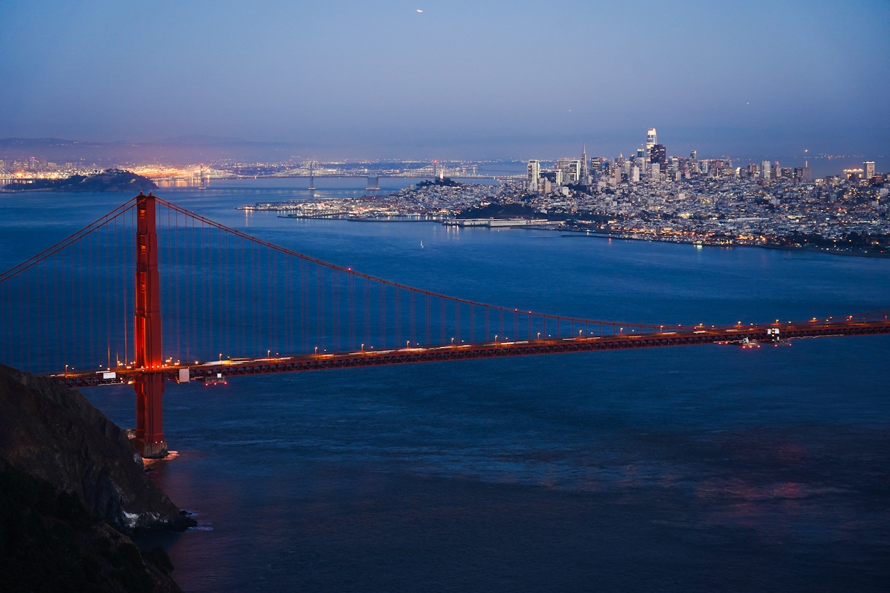 The Golden Gate Bridge and San Francisco sparkling at sunset