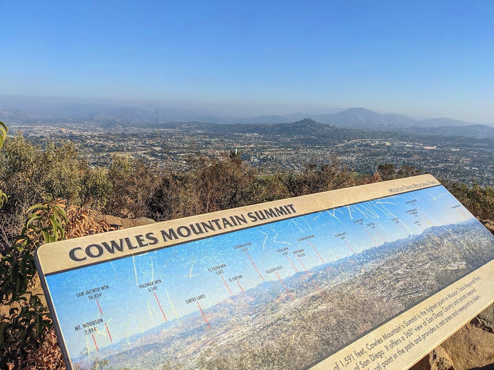 Sign at the top of Mount Cowles summit in San Diego 