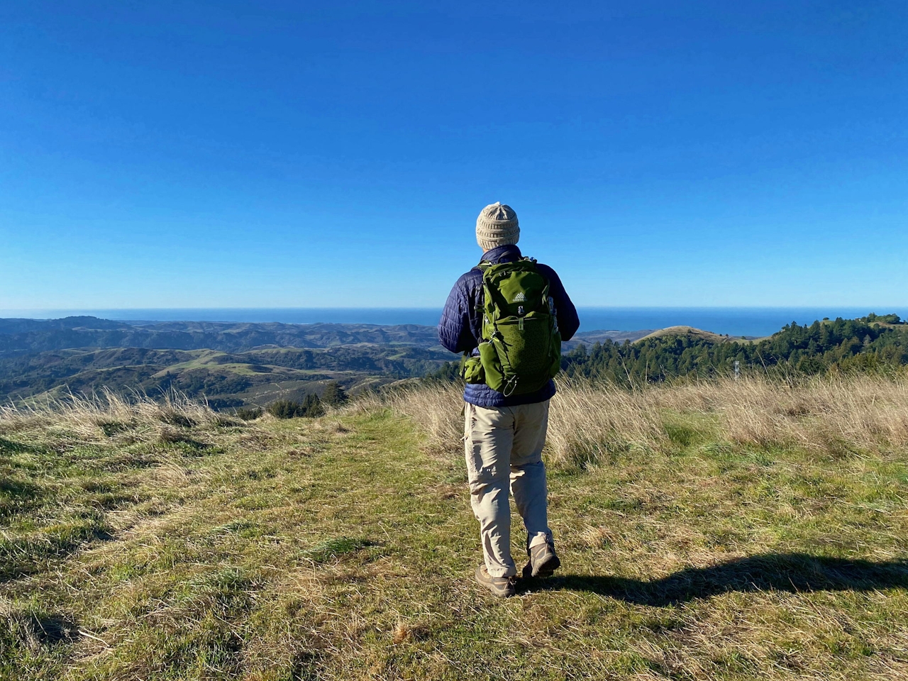 Man standing at viewpoint overlooking Santa Cruz Mountains at Upper La Honda Creek Preserve