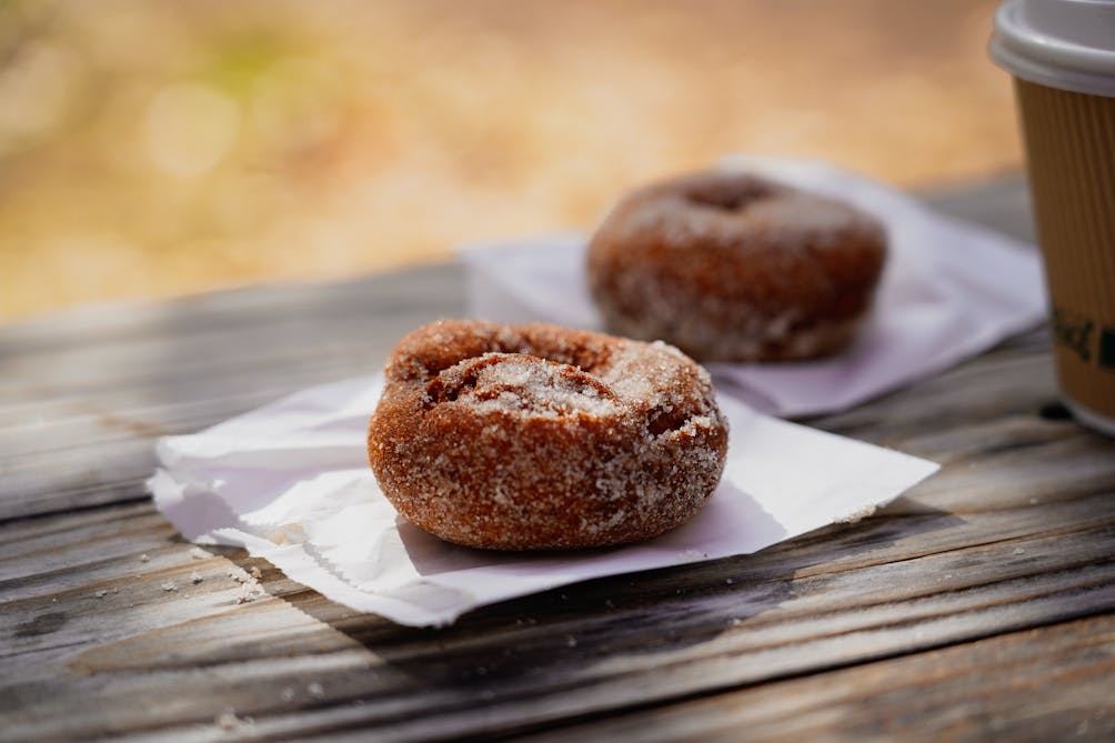 Two apple cider donuts from Rainbow Orchards on Apple Hill 