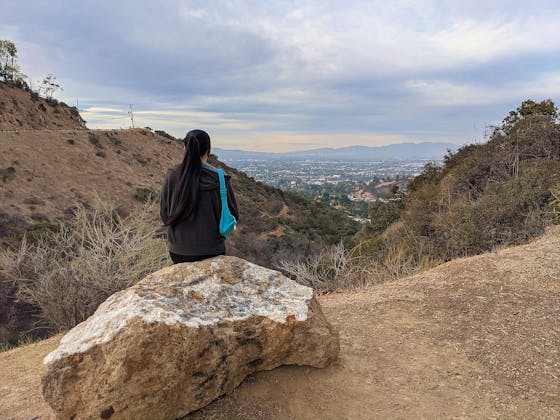 Woman at Nancy Hoover Pohl Overlook in Hollywood, taking in the views of San Fernando Valley