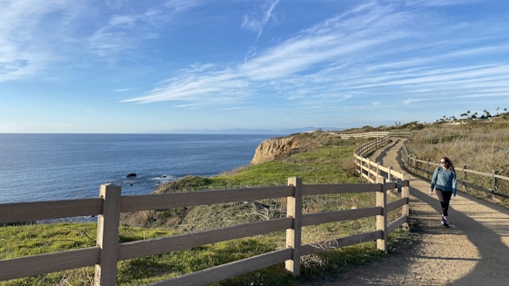 Woman hiking along the Vicente Bluffs Trail in Rancho Palos Verdes Southern California. The ocean is paralleling the trail.