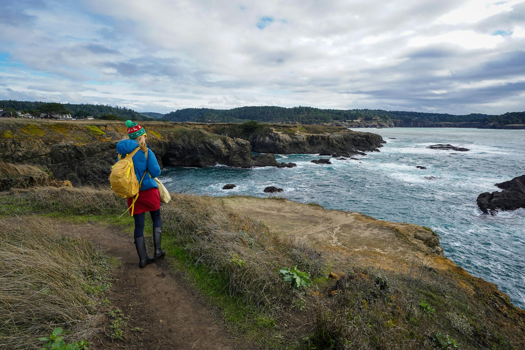 woman hiking Mendocino Headland bluffs