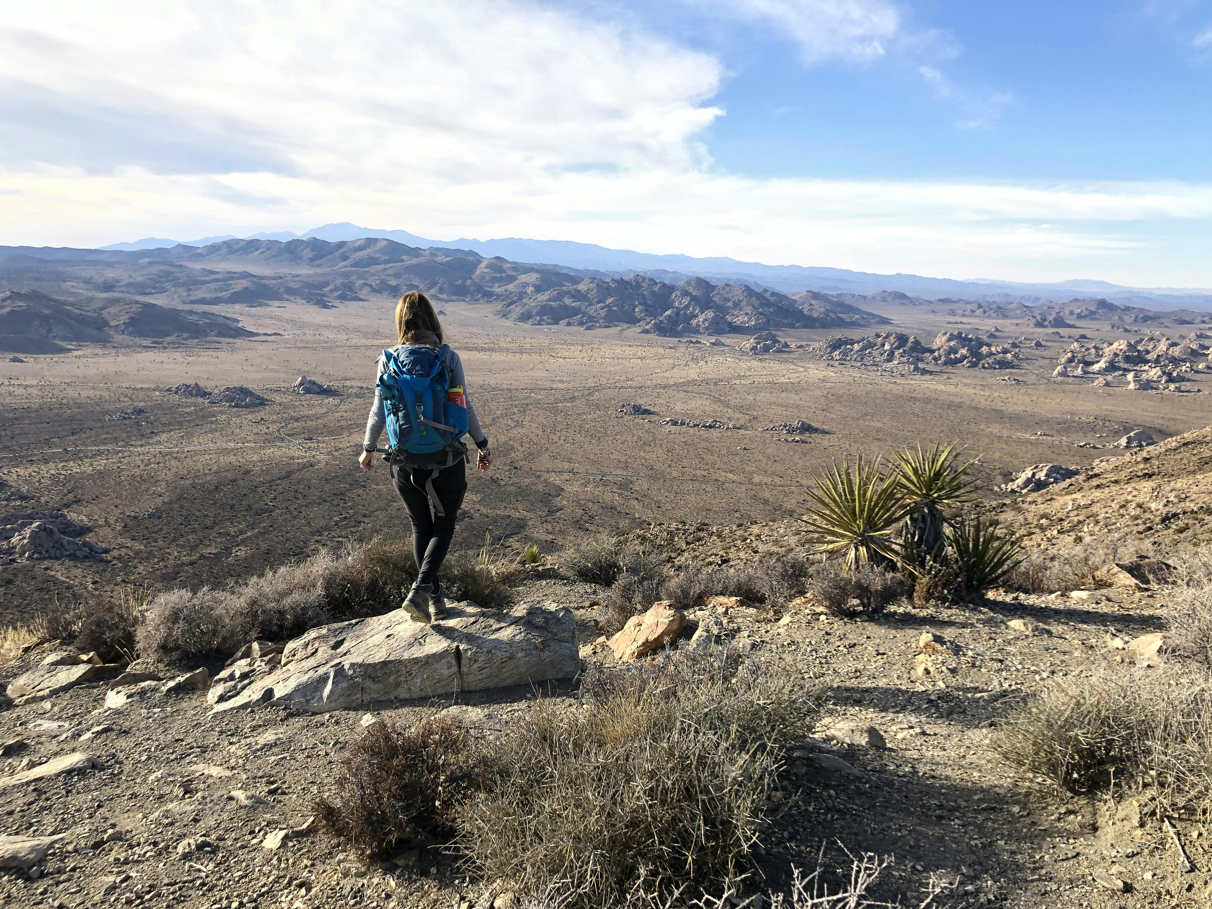 Woman standing in Joshua Tree National Park overlooking Palm Springs 