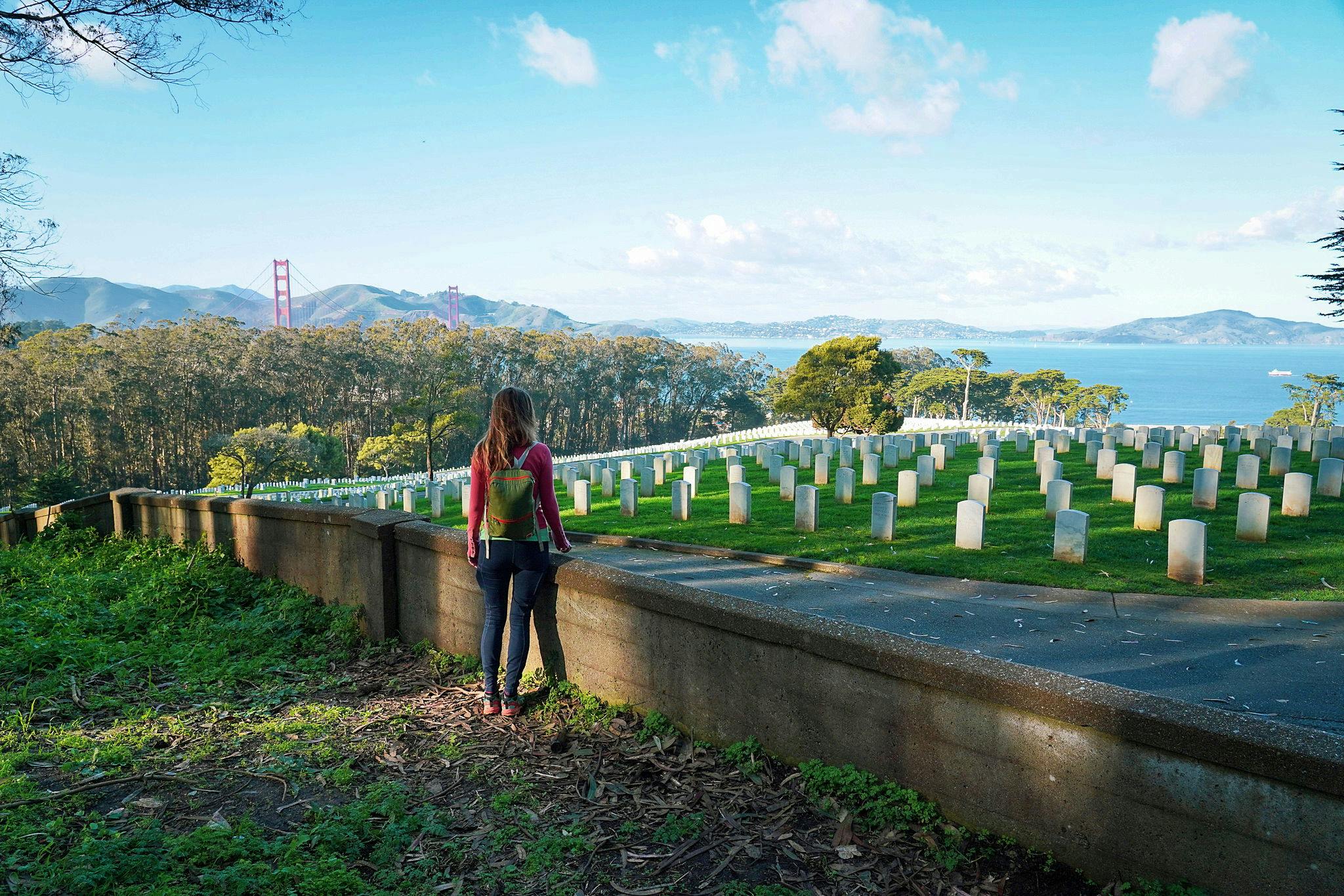 Woman looking out over the San Francisco National Cemetery 