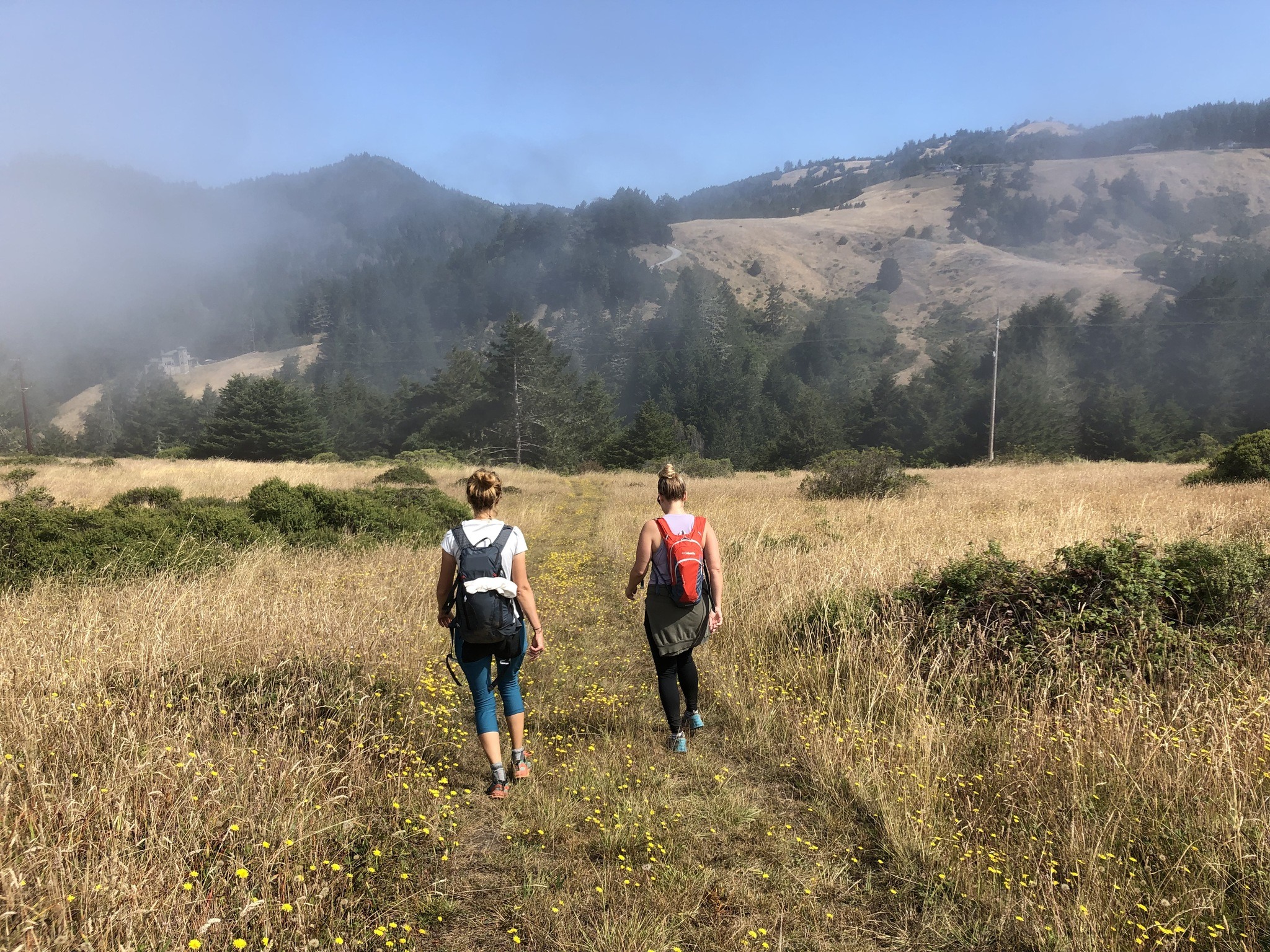 Two women hiking a trail at Jenner Headlands on the Sonoma Coast 