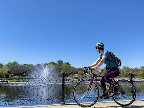 Woman on a bicycle passing a park lake with a fountain spraying water