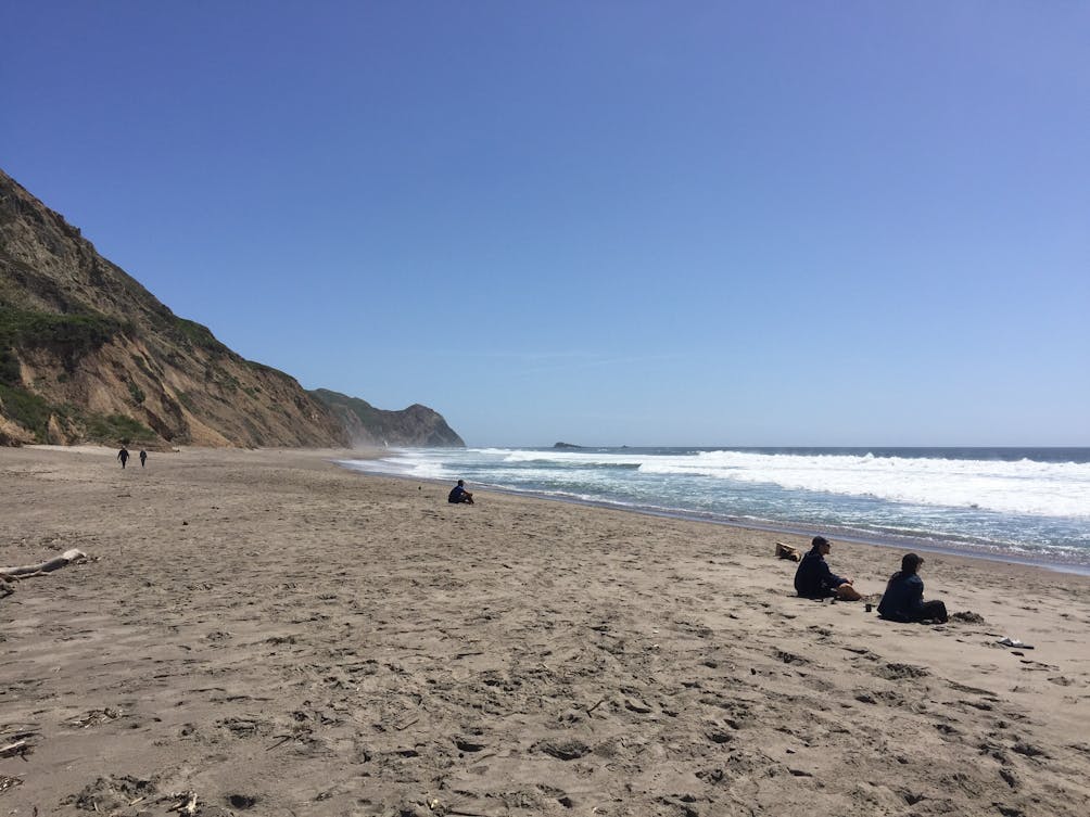 Beach goers wandering and relaxing on the sand near Alamere Falls in Point Reyes.