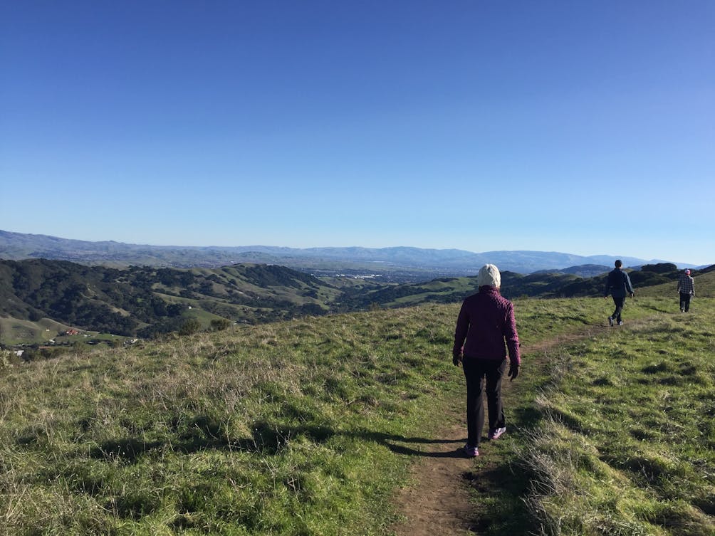 Hikers looking out to wide open views at Las Trampas Regional Wilderness in the East Bay 