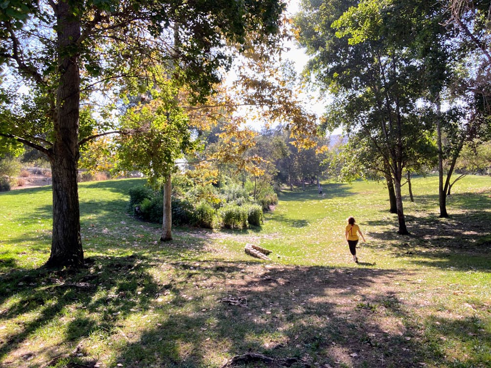 Woman enjoying a spacious lawn area at Vista Hermosa Park in Echo Park Los Angeles