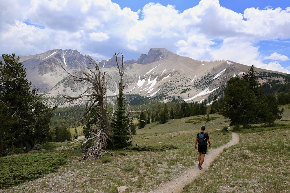 Person hiking in a grassy meadow towards Wheeler Peak mountain in the distance at Great Basin National Park in Nevada