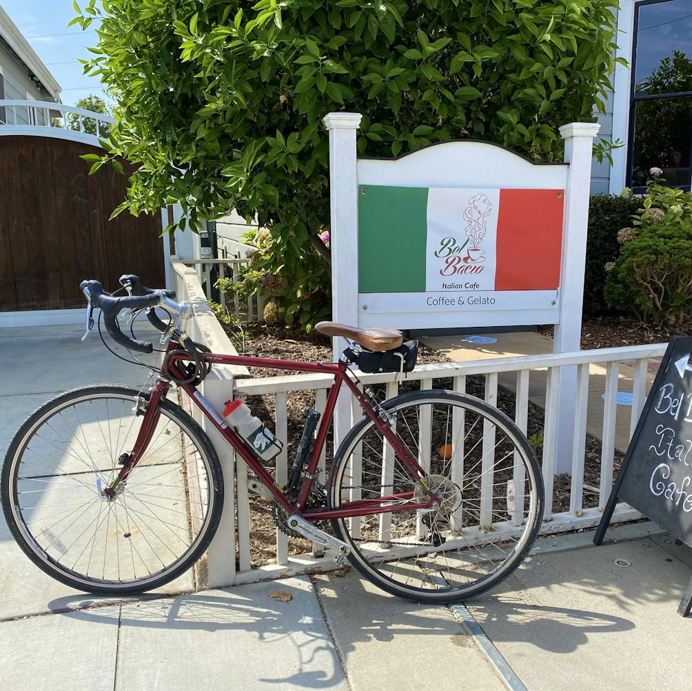 Bike parked in front of a bistro cafe in Little Italy San Jose 