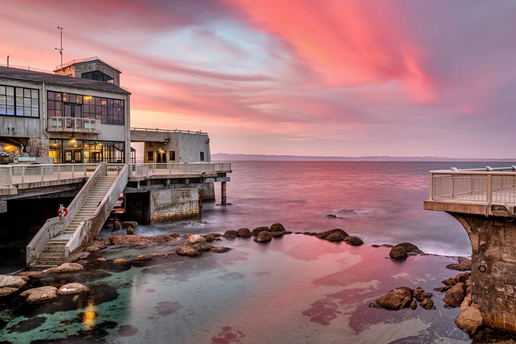 Monterey Bay Aquarium outdoor deck at sunset