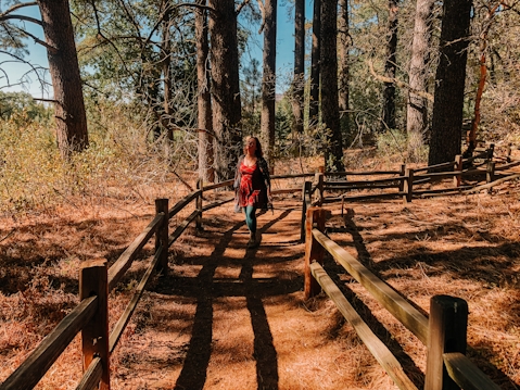 Hiker amid trees at Oak Glen Preserve in Yucaipa Southern California