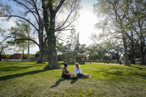 Two women sit on the grass with trees behind them at Downtown City Park in Paso Robles