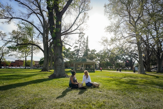 Two women sit on the grass with trees behind them at Downtown City Park in Paso Robles