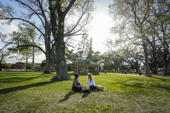 Two women sit on the grass with trees behind them at Downtown City Park in Paso Robles