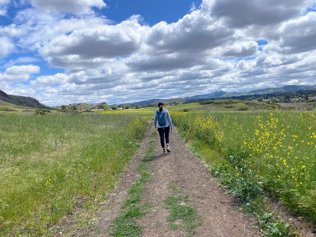 A woman on a hiking trail with huge open space and yellow flowers around her at Wildwood Park in Thousand Oaks 