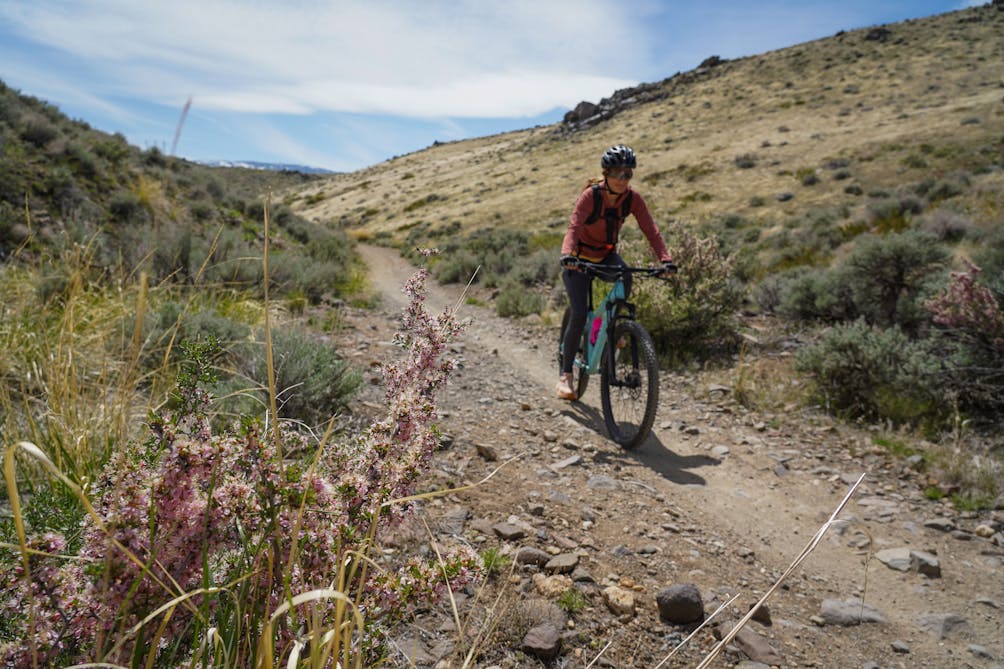 A mountain bike rider on a trail at Keystone Canyon in Reno 