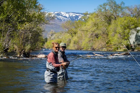 Two people fly fishing on the Truckee River with guides from Reno Fly Shop