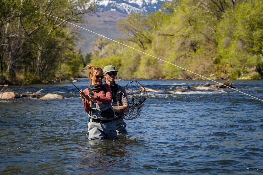 Two people fly fishing in the Truckee River with Reno Fly Shop guided trips