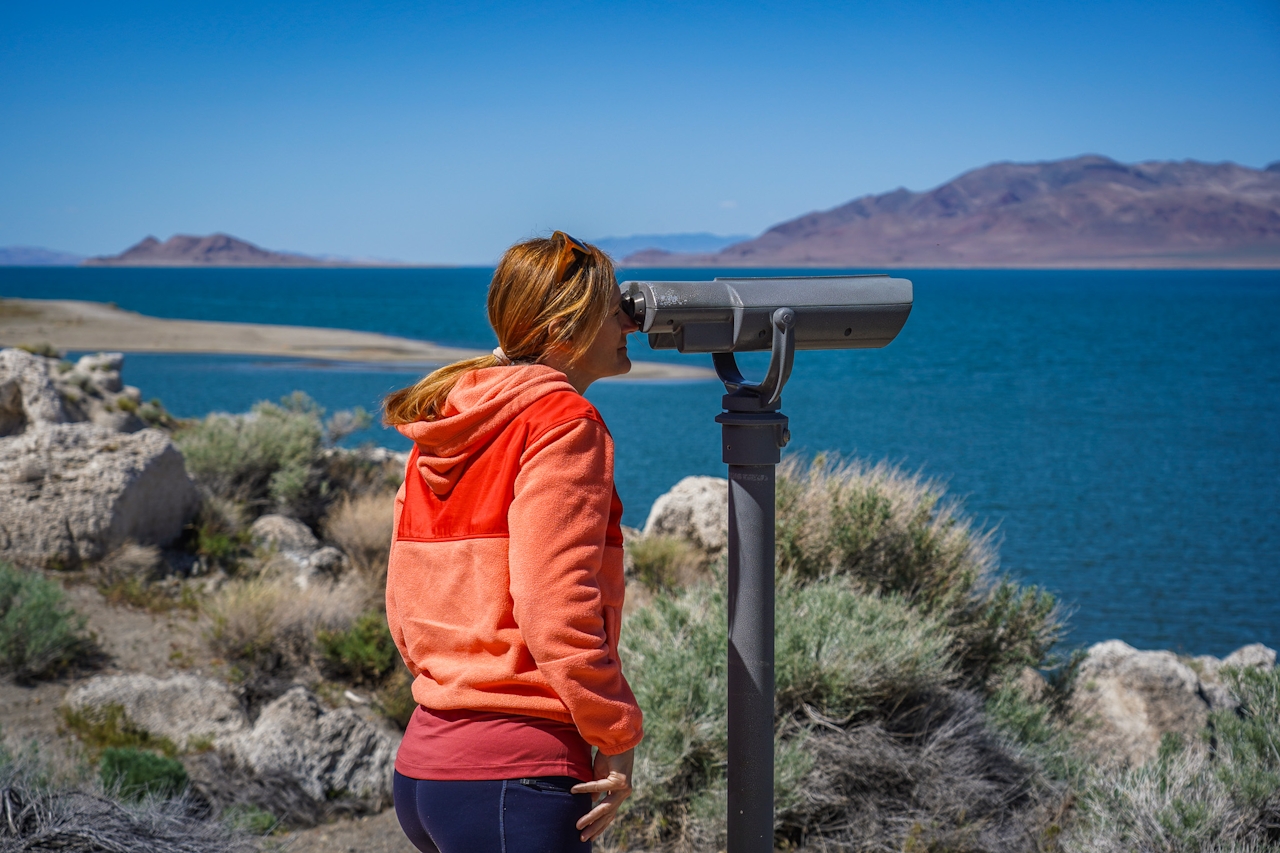 A woman is looking through a telescope to see birds at Pyramid Lake in Reno, Nevada