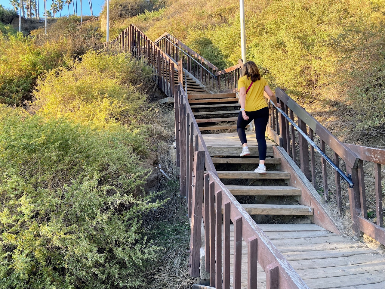A woman goes up the wooden stairways at Palisades Park in Santa Monica