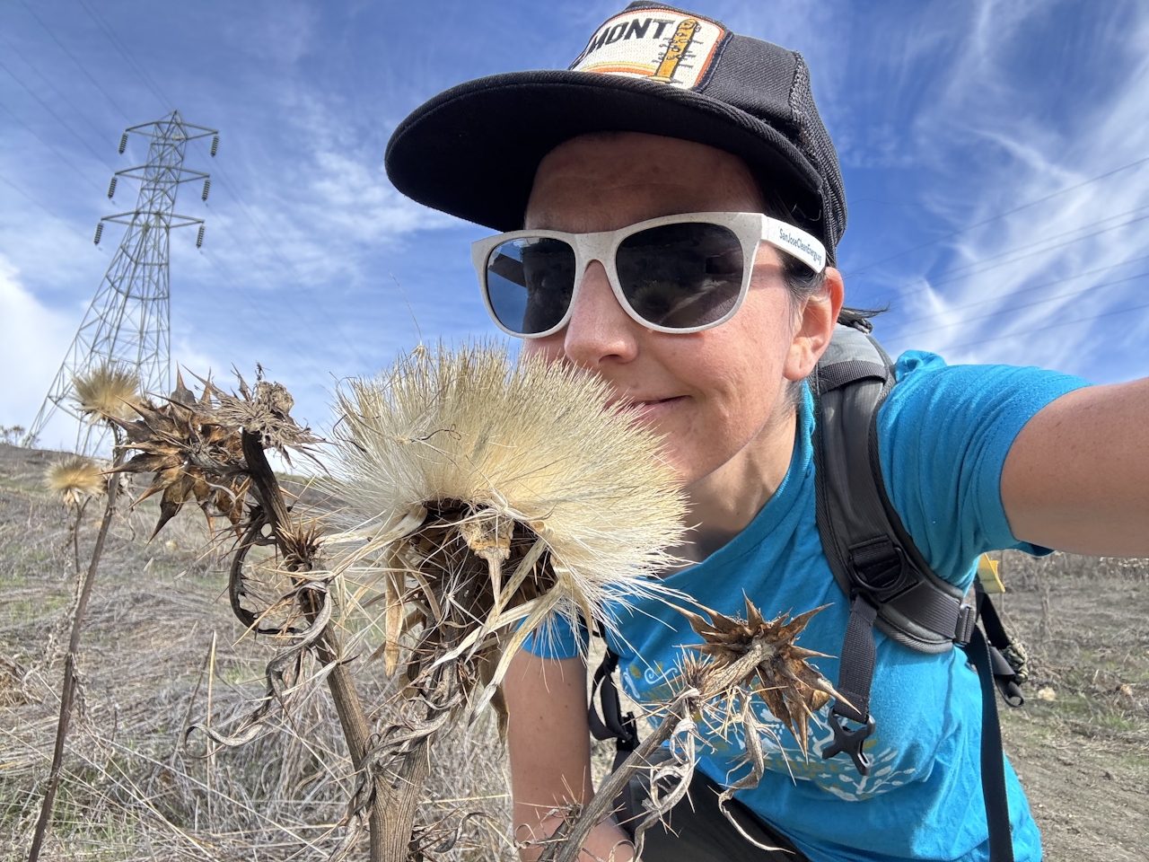 A woman hiker stops to smell the giant thistleflower on a hiking trail in Contra Costa County