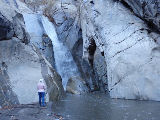A person stands and is looking at Tahquiz Falls in Palm Springs