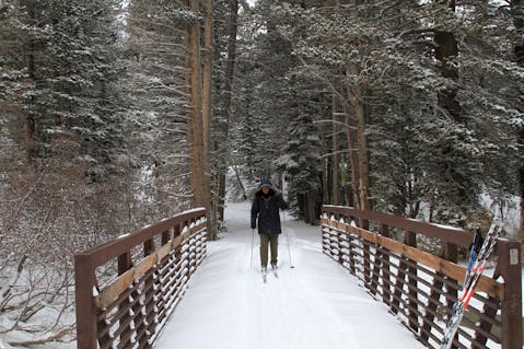 A cross-country skier gliding across a bridge at Tamarack Cross-Country Ski Resort in Mammoth Lakes.