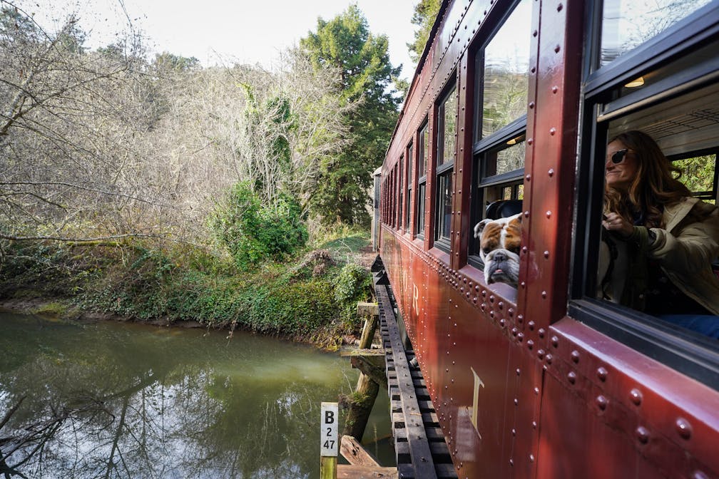 The Skunk Train in Mendocino and Fort Bragg going through redwoods