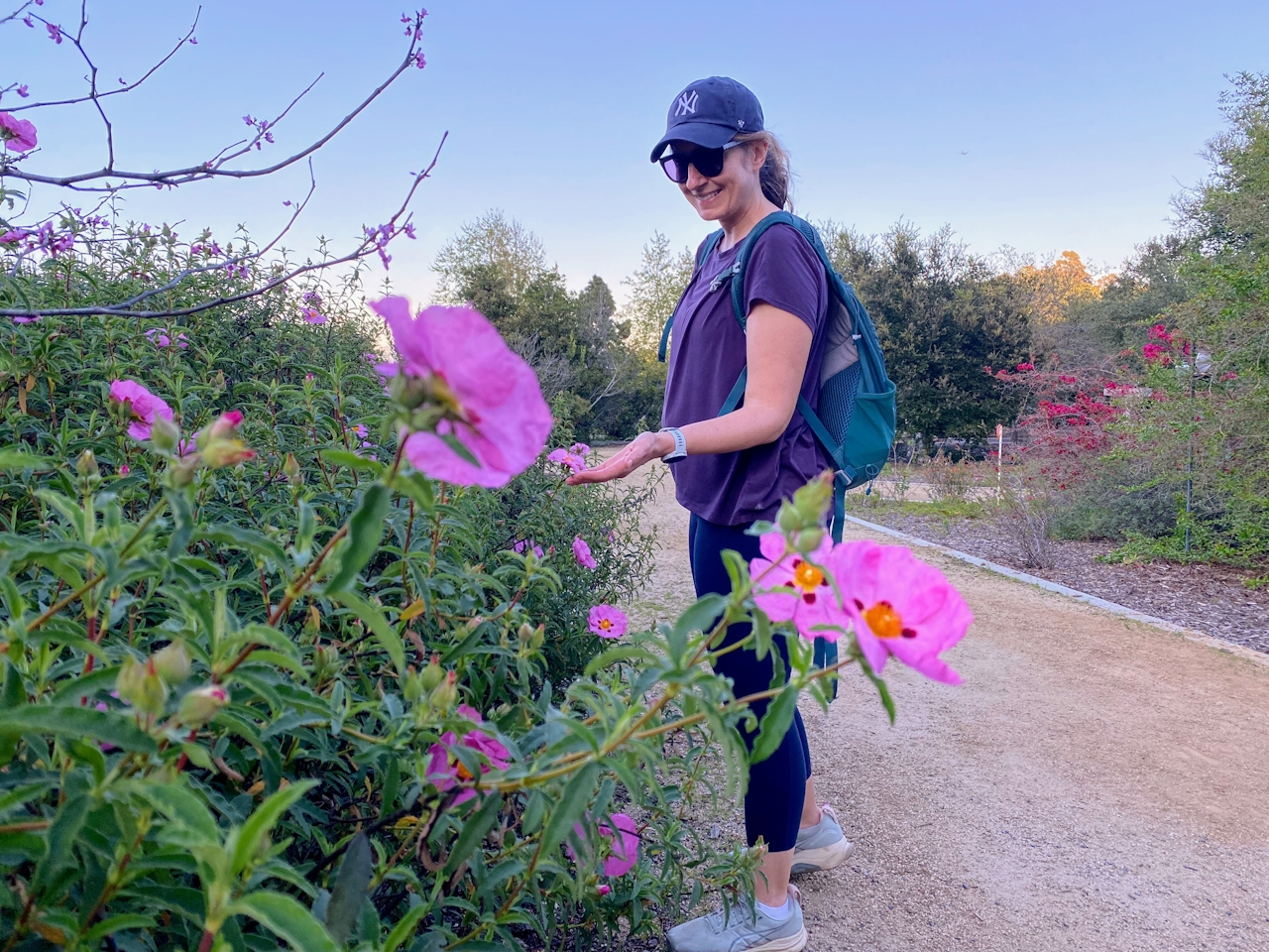 A woman is admiring pinkish purple florals at the Stoneview Nature Center in Los Angeles 