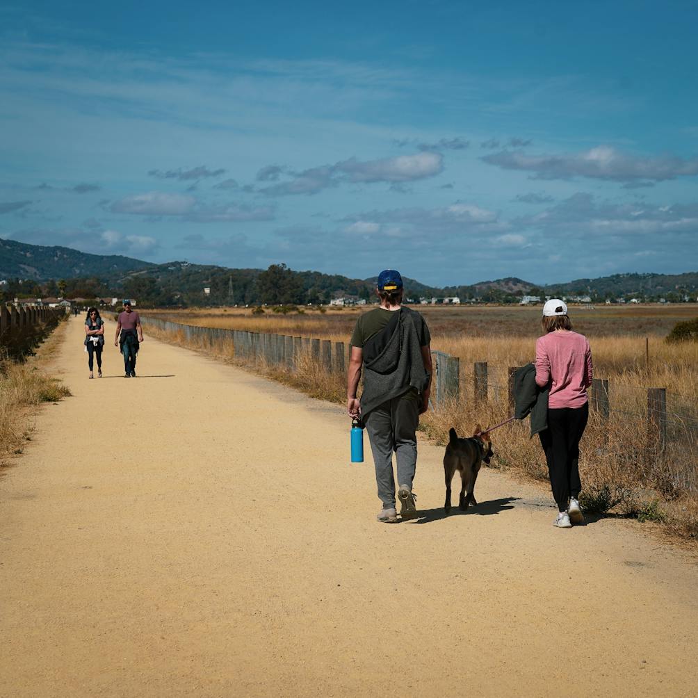 Walkers on the wide open dirt trail at Hamilton Wetlands in Novato North Bay 