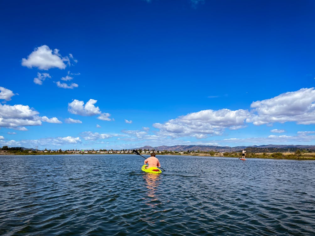 Paddler on the gentle Napa River on a trip arranged by Napa Valley Paddle 