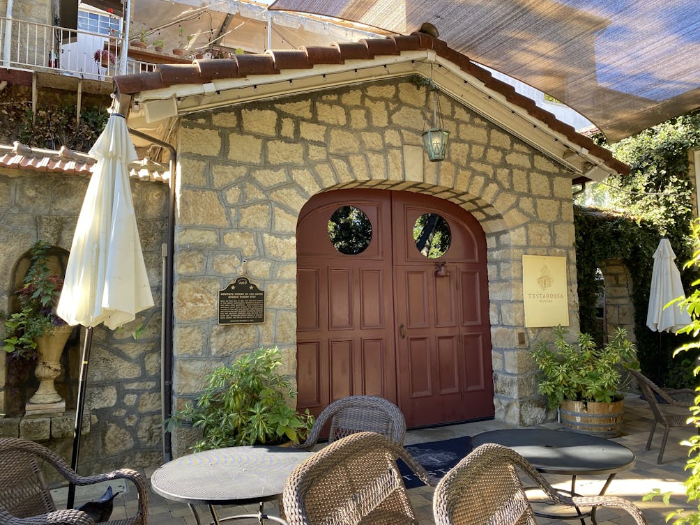 Testarossa Winery stone builiding and outdoor patio in Los Gatos 