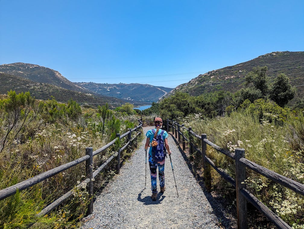Hiker going to Loveland Reservoir in San Diego County