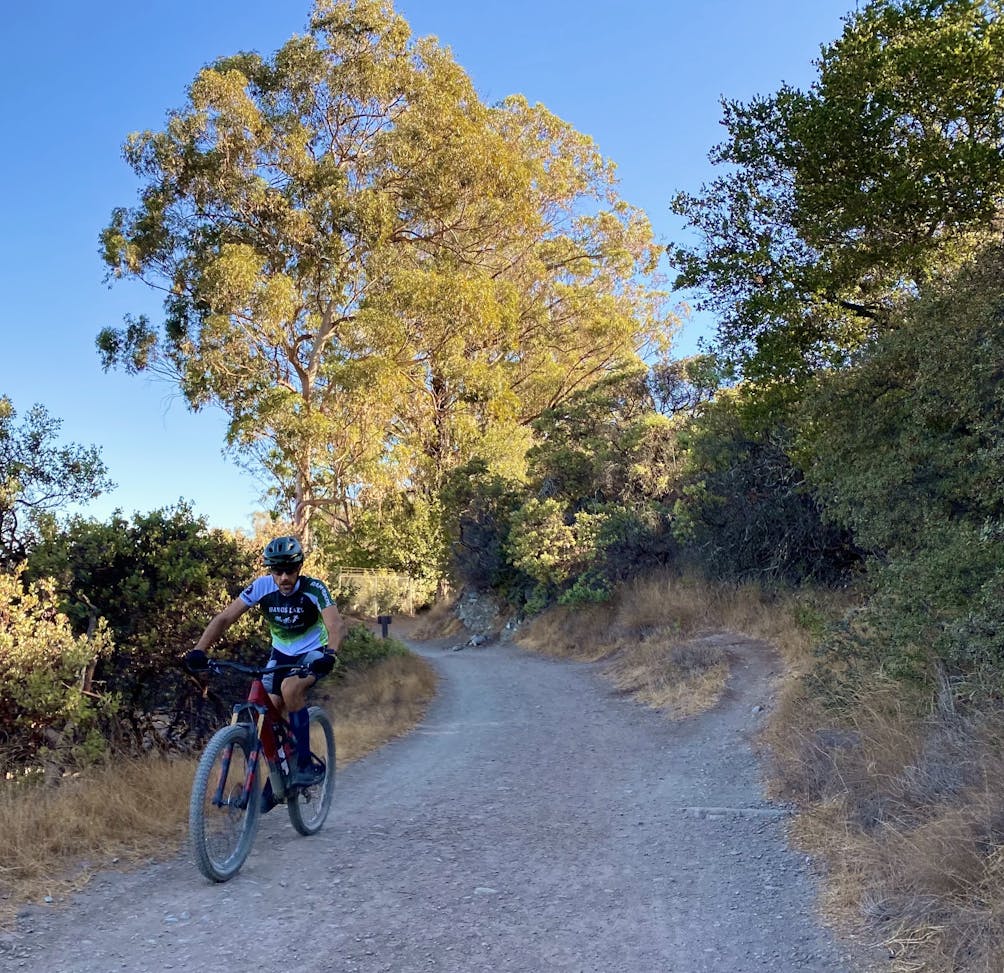 Mountain biker riding upa wide trail at St. Joseph's Hill in Los Gatos Bay Area 