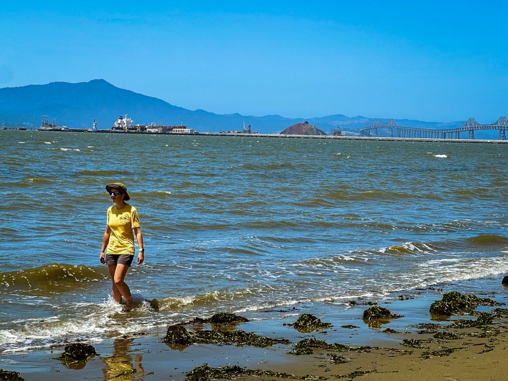 Woman in a yellow shirt wading in the ocean at Keller Beach in the East Bay 