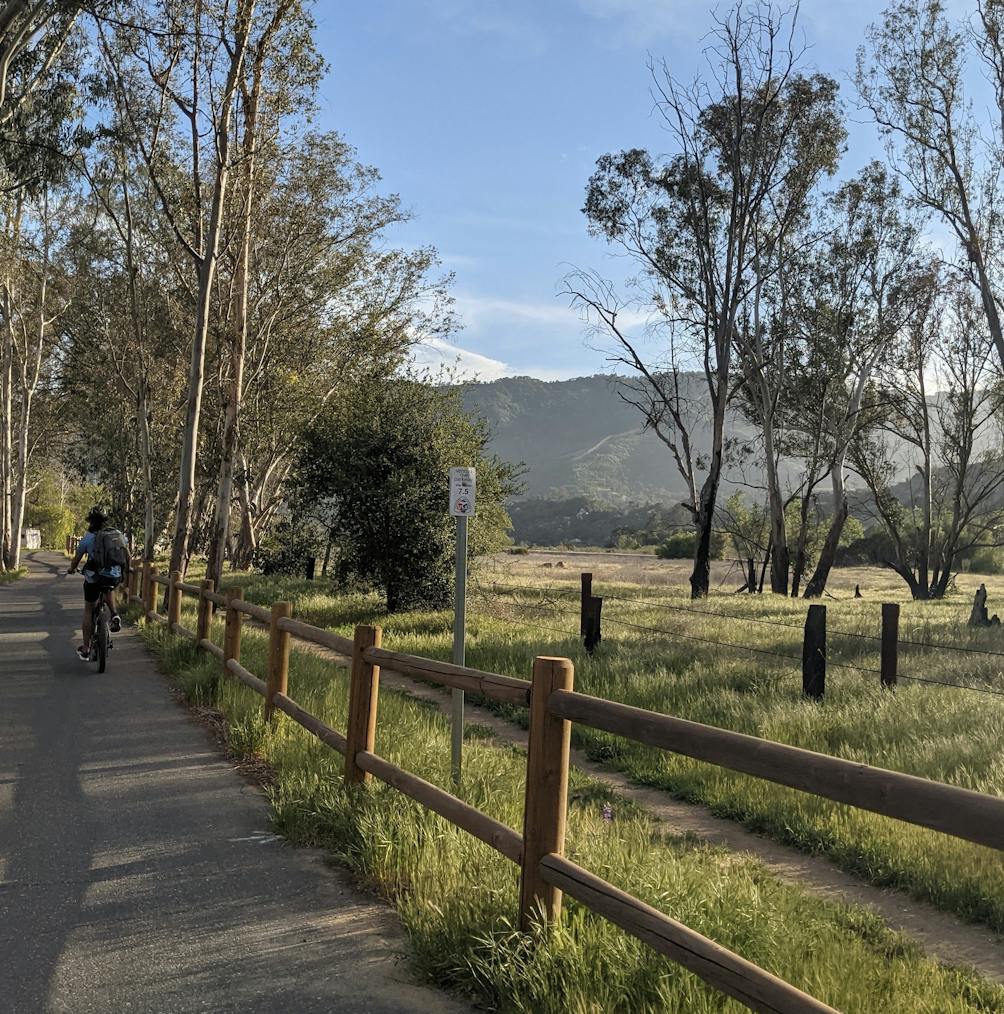 Woman bike riding next to a ranch fence and pastoral landscape with trees on the Ventura to Ojai bike trail