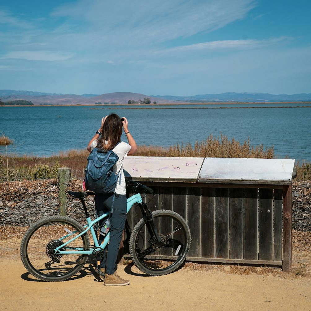 Woman stopped on her bike looking at information signs and the San Pablo Bay at Hamilton Wetlands in Novato