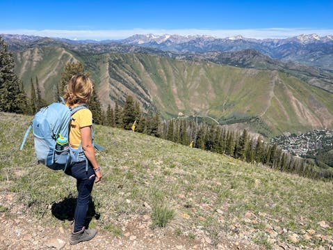 Hiker on Bald Mountain Summit Trail in Sun Valley Idaho 