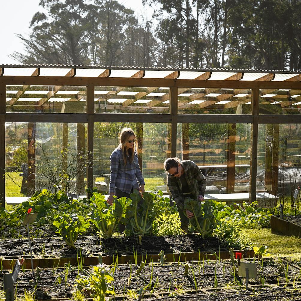 Two people in the u-pick gardens at Mar Vista Farm and Cottages on the Mendocino Coast 