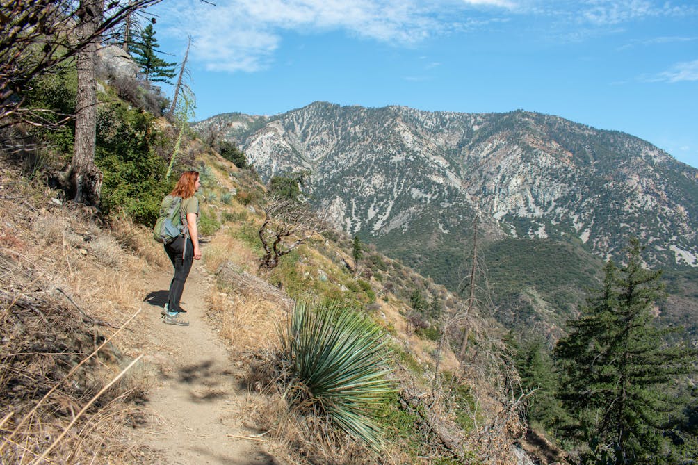 Woman enjoying huge views of the surrounding mountains from the Bear Canyon Trail at Mount Baldy in Los Angeles County 